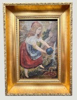 Auktion 368 / Los 4041 <br>kl. anonymes Gem&auml;lde, M&auml;dchen beim Wasserholen , &Ouml;l/Leinen, gerahmt, RG 43x30 cm, wohl 19.Jhd