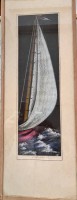 Auktion 369 / Los 5006 <br>unleserl. signiert, 1969 "Segelyacht im Wind" Mischtechnik, hinter Glas, 50x17 cm