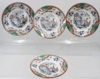 Auktion 369 / Los 9009 <br>4x Teller, Villeroy &amp; Boch, Timor im Chinoiserie-Stil,  ca. 1880-1909, 1x bestossen, Altersspuren, D-17,8cm