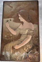 Auktion 369 / Los 9014 <br>Keramik-Wandplatte mit M&auml;dchendarstellung mit Schmetterling, verso gemarkt JM-Austria, Nr. 4523 ,wohl Johann Maresch (1821-1914), um 1880,  40x26 cm