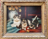 Auktion 369 / Los 4004 <br>Emil BOEHM (1873-1958)  "drei K&auml;tzchen" &Ouml;l/Holz, gut gerahmt, RG 26x31 cm, re. unten in rot signiert