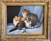 Auktion 369<br>Emil BOEHM (1873-1958)  "drei Katzen" &Ouml;l/Holz, gut gerahmt, RG 26x31 cm, verso bezeichnet