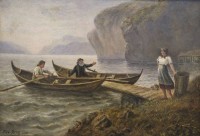 Auktion 369 / Los 4006 <br>Ferd. Reits 1910, Boote mit Personen, &Ouml;l/Holz, alt gerahmt, RG 38,5 x 48cm