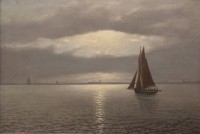Auktion 369 / Los 4012 <br>Alexander REICH-STAFFELSTEIN (1871-1954) , Segelboot am Abend, 1919 datiert, verso auf Rahmen "Heimkehr am Abend", &Ouml;l/Leinwand, gerahmt, RG 76,5 x 106,5cm, leicht restau.bed., Speergutversand!