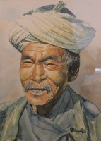 Auktion 369 / Los 4013 <br>Alok GURUNG (XX-XXI), Portrait eines Nepalesen, Aquarell, gerahmt/Glas, RG 77 x 65cm, Sperrgutversand!