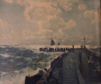 Auktion 369 / Los 5012 <br>antiker Druck, st&uuml;rmischer Tag an der Mole, alt gerahmt/Glas, RG 52,5 x 61,5cm