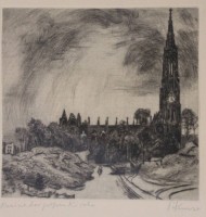 Auktion 369 / Los 5015 <br>Kunze, Ruine der gro&szlig;en Kirche betitelt, Radierung, gerahmt/Glas, RG 40,5 x 36cm