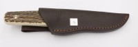 Auktion 369<br>Jagdmesser, Ferdinand Evertz, Lederscheide, Geweihgriff, ca. L-26cm