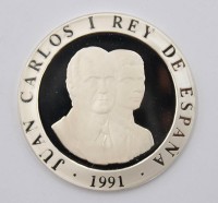 Auktion 369 / Los 6016 <br>2000 Peseten, Spanien 1991,  Olympia 1992  in Barcelona, 925er Silber, ca. 27gr.,  D-3,8cm