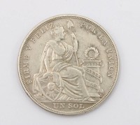 Auktion 369 / Los 6040 <br>peruanische Silberm&uuml;nze, 1 Sol, 1924, Silber, D-3,7cm, 24,6gr.