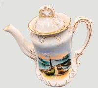 Auktion 369<br>kl. Kaffeekanne mit Ansicht Cuxhaven-Alte Liebe um 1910, gut erhalten, H-18 cm