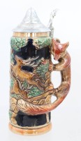 Auktion 369<br>Bierkrug mit Spieluhr, &auml;lter, Reliefdekor, Fuchs als Griff, ca. H-24cm