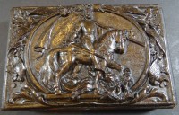 Auktion 338 / Los 15012 <br>Bronze  Platte auf Holz mit Hl. Georg und Spruch " unter Fünf  Könige unter drei Kaiser" wohl zum Dreikaiserjahr 1888, 9x14 cm