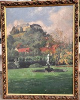 Auktion 369 / Los 4018 <br>William PAPE (1859-1920)  1909 "Schlossansicht mit Springbrunnen" &Ouml;l/Malfaser, gut gerahmt, RG  70x56 cm