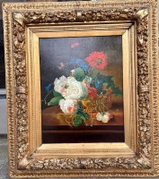 Auktion 369<br>Jan Huysum oder &auml;hnlich? "Blumen in Korb" &Ouml;l/Malfaser, guter  breiter Goldrahmen, 80x70 cm