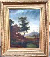 Auktion 369 / Los 4020 <br>G. Schmitz, Ddf (oder &auml;hnlich) "Landschaft am Bach" &Ouml;l/Leinen, breiter Goldrahmen, 75x60 cm