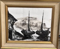 Auktion 369<br>unleserl. signiert "Zwei Fischerboote am Ufer" Mischtechnik auf Leinen, gerahmt, RG 49x57 cm