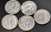 Auktion 369<br>5x5 Reichsmark Paul von Hindenburg, 3x1935, 2x 1936, Silber, ca. 69 gr