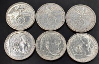 Auktion 369<br>6x 2 Reichsmark, Hindenburg, 30-er Jahre, Silber