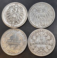 Auktion 369<br>4x 1 Mark, Kaiserreich, Silber, 1874,1875,1904, 1914