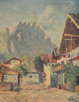 W.Klia...?, Bergdorf vor Alpenmassiv, Öl/Holz, 19. Jhd., restau. bedürftig, alt gerahmt, RG 30,5 x 26,5cm.
