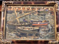 Auktion 369<br>kl. anonymes Gem&auml;lde, "Boote im Hafen" wohl Spanien, gut gerahmt, RG 15x20 cm