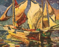 Los  <br>monogrammiert, Boote, Öl/Hartfaser, stark restau.bedürftig, gerahmt, RG 60 x 71,5cm.,
