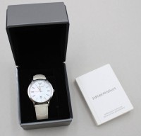 Auktion 369<br>Herren-Armbanduhr, Emporio Armani, weisses Lederband diese mit Gebrauchsspuren, Quarzwerk nicht gepr&uuml;ft, D-4cm
