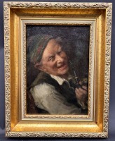 Auktion 369 / Los 4027 <br>Karl Franz Eduard von Gebhardt (1838-1925) "Pfeifenraucher" &Ouml;l/Holz, gut gerahmt, Platte 19x13 cm, RG 26x20,5 cm, mittig sign./datiert??