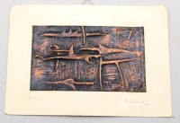 Auktion 369<br>modernes kl. Kupferrelief, unleserl. signiert, verso schwer lesbar betitetl "after for the flood" o.&auml;., ungerahmt auf Pappe, ca. 11 x 16cm