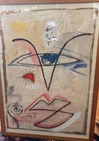 Auktion 369<br>unleserl. signiertes Bild, 1984, Mischtechnik, ger/Glas, RG 64x90 cm