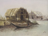 Auktion 369 / Los 4051 <br>monogrammiert, Flussszene wohl Indonesien, &Ouml;l/Leinwand, gerahmt, RG 43 x 53,5cm.