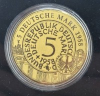 Auktion 369<br>Goldmedaille -999-, "Das Deutsche Geld" 5 Mark, 1/200 Unze, mit Zertifikat