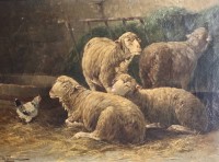 Auktion 370 / Los 4001 <br>unleserl. signierter Altmeister "Schafe im Stall mit Huhn" um 1860, &Ouml;l/Leinen, gerahmt, leicht craquelliert, RG 38x53 cm