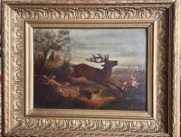 Auktion 370<br>K. Roebcke, 1879 "Hirschhatz mit Hunden" &Ouml;l/Holzplatte, gerahmt, RG 41x50 cm