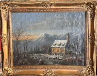 Auktion 370 / Los 4003 <br>unleserl. signierter Altmeister um 1850 "Kirchgang im Winter" &Ouml;l/Leinen, craquelliert, gerahmt, RG 41x50 cm