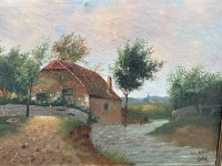 Auktion 370<br>Hans Noppet (oder &auml;hnlich?), D&uuml;sseldorf "R&uuml;ckseite einer alten Kate" &Ouml;l/Leinen, gerahmt, RG 75x94 cm (Motiv wie vorher!) langer Riss in