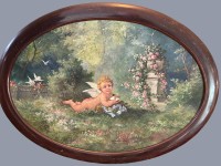 Auktion 370<br>C. Weller, 10. Sept. 1921 "Putto auf Blumenwiese", oval, &Ouml;l/Platte, gerahmt