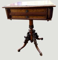 Auktion 370<br>Gr&uuml;nderzeit-N&auml;htisch um 1870,  Mittels&auml;ule, 2 Schubladen und Einteilung, leichte Gebrauchsspuren, H-80 cm, 57x46 cm