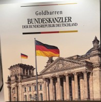 Auktion 370<br>Mappe "Goldbarren Bundeskanzler der BRD"mit  9x 1/100 Unze Feingold-999,9-, (ca. 3,11 gr.?)polierte Platte, in Display, mit Zertifikaten, limitierte Auflage