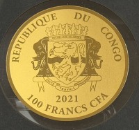 Auktion 370<br>Goldm&uuml;nze -999- 100 Francs, Kongo, Tut-nch-Amun 2021, D-40 mm, 1/200 oz, limitiert