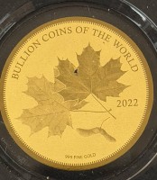Auktion 370<br>Goldm&uuml;nze -999- 5000 Francs, Tchad, Maple Leaf 2022, D-40 mm, 1/200 oz, limitiert mit Zertifikat