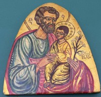 Auktion 370 / Los 4014 <br>griechische Ikone "Hl. Josef"   Tempera auf Holz, verso Etikett mit Beschreibung von 1981, 23x20 cm