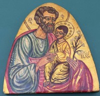 Auktion 376<br>griechische Ikone "Hl. Josef"   Tempera auf Holz, verso Etikett mit Beschreibung von 1981, 23x20 cm