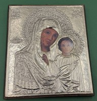 Auktion 370 / Los 4015 <br>russ. KIkone "Maria mit Kind" Kunstdruck mit Silber-Oklad-925-.  18x15,5 cm