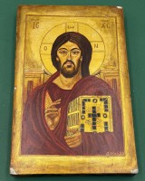 Auktion 370 / Los 4016 <br>Ikone "Christus Pankrator" Tempera auf Holz mit Blattgold,, verso Etikett vom K&uuml;nstler, dat. 1981, 32x20 cm,