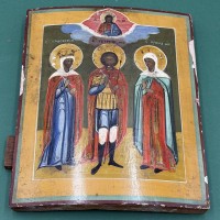 Auktion 370<br>russische Ikone, Tempera auf zweifach gesperrter Holzplatte, verso Exportgenehmigung UDSSR 1975. 19.Jhd., 27x22 cm, Farbabplatzer