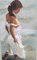 Auktion 370 / Los 4020 <br>unleserl. signiertes grosses Gem&auml;lde "Frau am Strand" Sperrgut-Versand, 120x70 cm