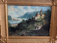 Auktion 370 / Los 4021 <br>unleserl. signierte Landschaft am Fluss, &Ouml;l/Leinen, gut gerahmt,mit kl. Abplatzern oben , RG 70x87 cm,  Sperrgut