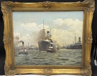 Auktion 370<br>anonym "Hamburger Hafenszene" &Ouml;l/Leinen, gerahmt, RG 52x60 cm